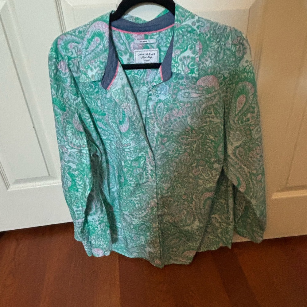 Charter Club Mint and Pink Paisley Collared Shirt